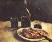 Vincent Van Gogh Still life with a Bottle,Two Glasses Cheese and Bread (nn04) USA oil painting artist